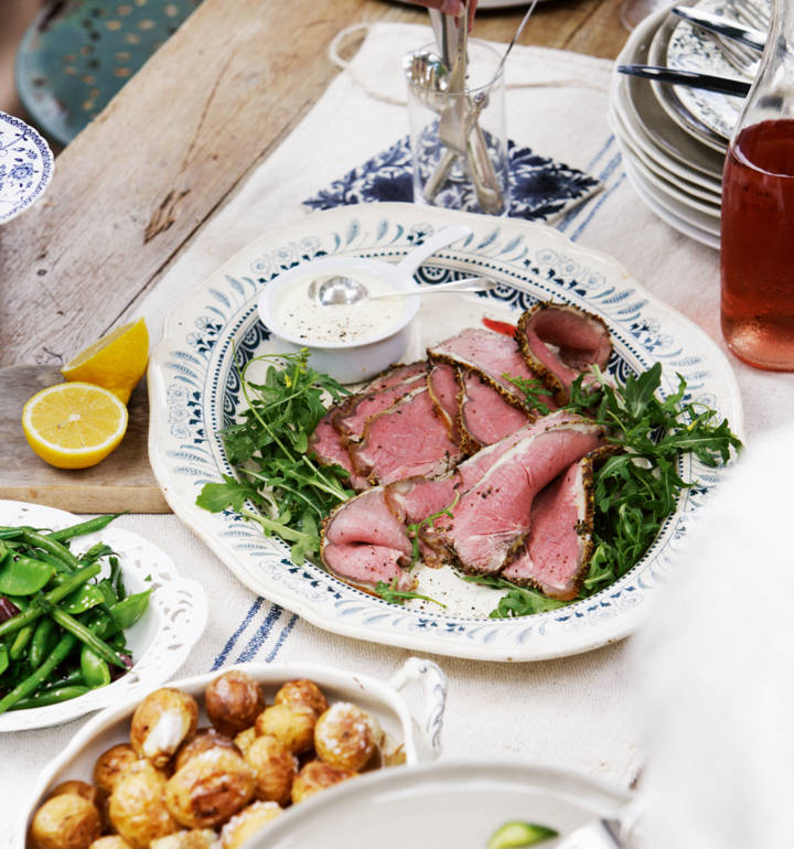 Rare roast beef with grain mustard and thyme and garlic soured cream